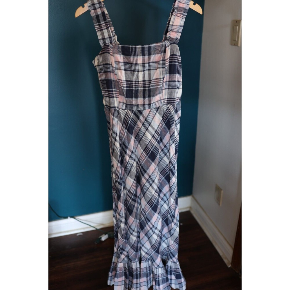 NWT 52seven Maxi Dress womens 8 Plaid Sleeveless smocked Linen ruffle